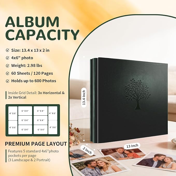 Photo Album 4x6 600 Pockets Slip In Extra Large Capacity | PU Leather Cover Picture Album Holds Horizontal & Vertical Photos for Family Wedding Baby Anniversary Christmas Gift
