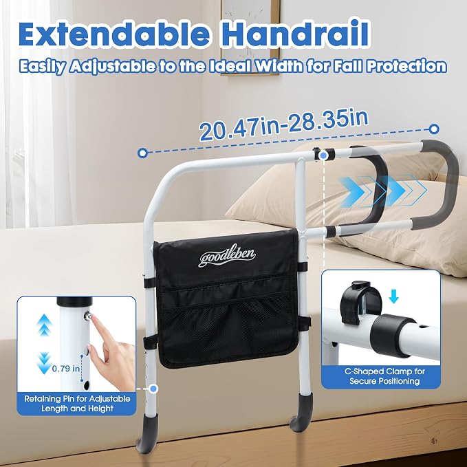 Bed Rails for Elderly Adults, Adjustable Bed Assist Rails for Seniors with Non-Slip Handle & Storage Pocket, Bed Assist Bar Supports up to 350 Lbs, Fits Twin/Full/Queen/King Beds