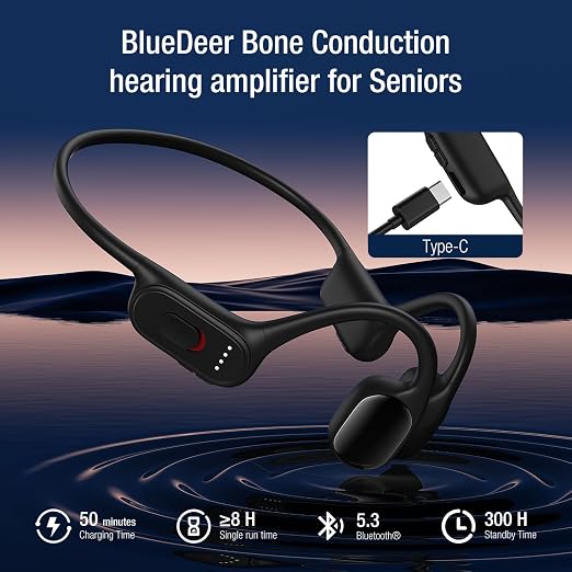 Blue Deer Bone Conduction Personal Sound Hearing Amplifier & Headphones for Seniors Adults - Bluetooth (BT) 5.3, Ultra Lightweight, Easy to Operation, 5-Level Memory Volume, IPX5 Water-resistant-Black