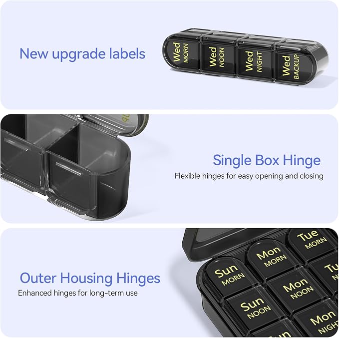 Zoksi Pill Organizer 4 Times a Day, 7 Day Pill Box with Removable Daily Cases, Large Medicine Organizer for Pills, Vitamins and Supplements, Easy Open 180 Degree Lids, Travel Pill Case