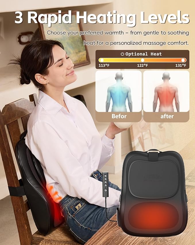 Up & Down Shiatsu Back Massage Pillow – Neck & Shoulder Pain Relief, Electric Lower Back Massager Deep Tissue with 3 Heat Levels for Office, Chair & Home Use for Men Women