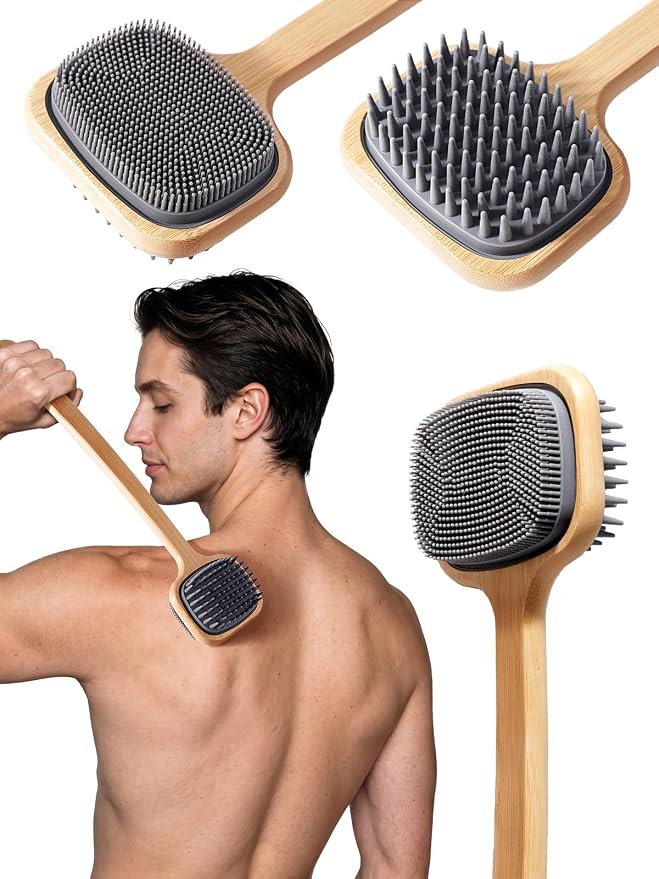 NURENDER Bamboo Back Scratcher 16.92'', Double-Sided Soft Silicone Bristles | Back Scratcher for Men and Women, Itch Reliever Curved Handle for Full Body, Dry and Wet Use Body Brush