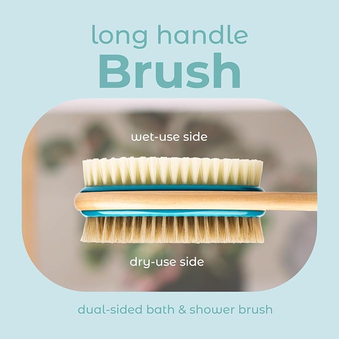 MainBasics Back Scrubber Shower Brush, Teal, Long Handle | Dual Sided Body Brush, Exfoliating Bristles and Soft Bristles, Back Scrubbing, Deep Cleaning