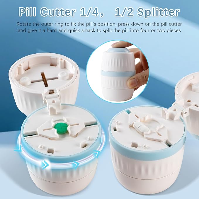 4 in 1 Pill Crusher | Pill Grinder | Pill Organizer, Pill Cutter 1/2 & 1/4 Splitter for Small and Tiny Pills Travel Pill Tablet Cutter Pill Crushing Grinding Machine, Easy Cleaning with 3’’ Brush