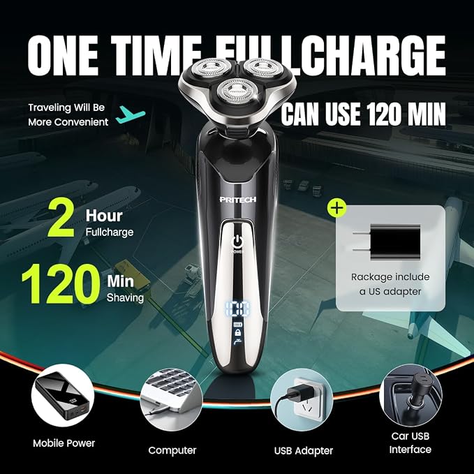 PRITECH Electric Razor for Men Rotary Electric Shavers for Men Cordless | Portable, Wet & Dry Use, Travel Lock, LED Display, IPX6 Waterproof, Lightweight, USB Fast Charging, Gift for Men