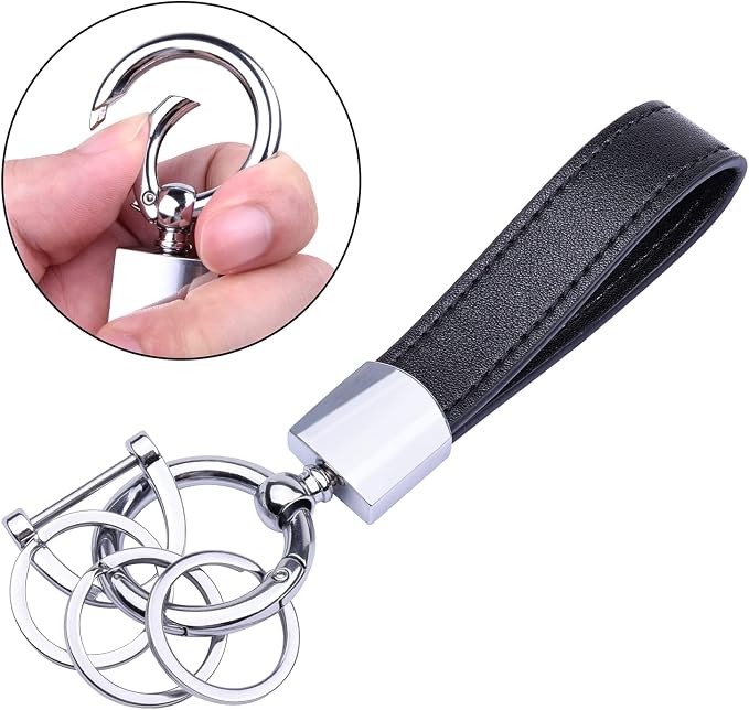 Wisdompro Genuine Leather Car Keychain, Universal Key Fob Keychain | Leather Car FOB Key Chain Holder for Men and Women, 360 Degree Rotatable, with Anti-lost D-ring and 3 Keyrings