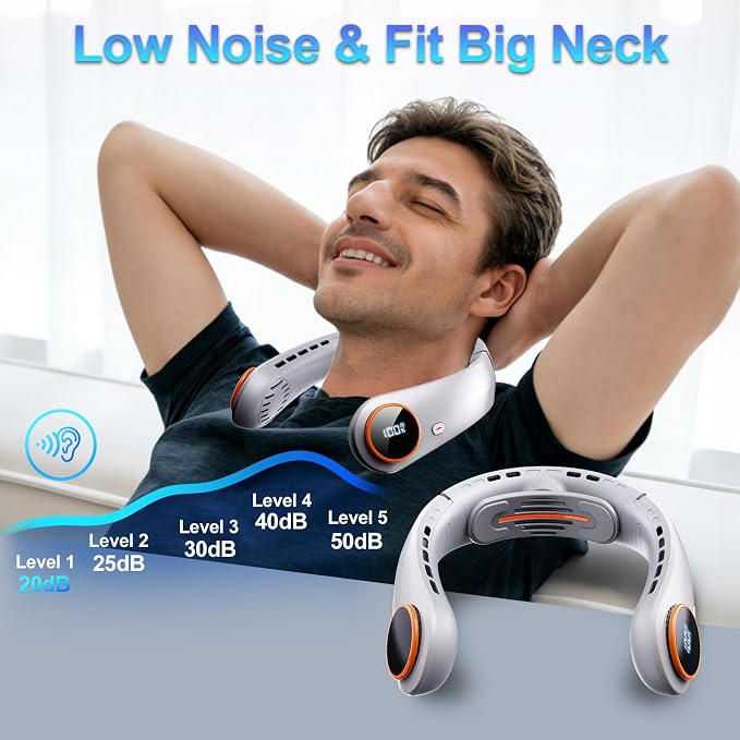 Portable Neck Fan, 5000mAh Bladeless Fan with 3 Built-in Fans, Instant Cooling 360° Surround Airflow & LED Display, Wearable Personal Fan for Outdoor, Travel, Gifts for Women Men (Grey)