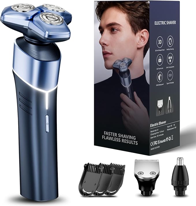 Electric Razor for Men: 3-in-1 Shaver with Hair Clipper and Nose Hair Trimmer, 10000 RPM High Speed Motor, 3D Floating Heads, USB-C Fast Charging, IPX8 Waterproof, Travel Lock, Gifts for Father