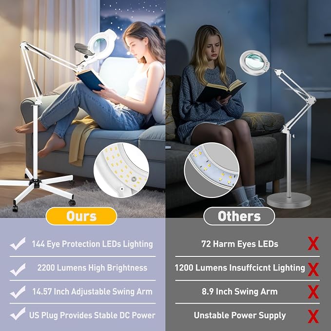 2200 Lumens Mag Lamp for Estheticians, 2-in-1 Magnifier Floor Light | 144 LED Stepless Dimmable, 10X Real Glass, 4 Wheel Rolling Stand Mag Lamp for Estheticians Facial Tattoo Craft Reading