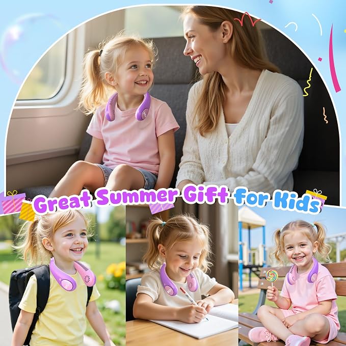 Kids Portable Neck Fan, Bladeless Fan for Kids, Safe Kids Rechargeable Cooling Fan for 4-14Y Girls, 2600mAh Personal Fans for Your Neck, 4 Speeds & Lightweight, Summer Essentials Gifts for Kids