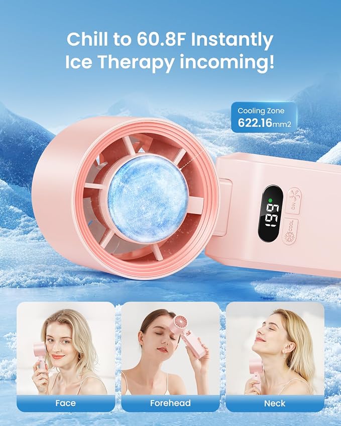 2 Pack Handheld Portable Turbo Fan with Ice Cooler, Speed (1-199) 5500mAh*2 Rechargeable Personal Fan,[20H Cooling Time] Mini Yet Powerful, Small Pocket Fans for Travel/Outdoor/Office, Pink