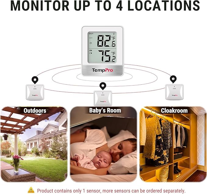 TempPro TempAir 500FT Indoor Outdoor Thermometer Wireless | Outdoor Thermometers for Patio with Temperature Sensor, Room Thermometer for House Home Reptile Baby Room Temperature Monitor