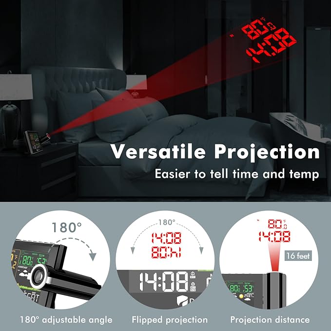 DR.PREPARE Projection Alarm Clock, Adjustable Projection Focus, Wireless Indoor Outdoor Temperature Humidity Monitor, 180° Projector, Snooze, Weather Forecast, Dual Alarms for Bedroom, Heavy Sleeper