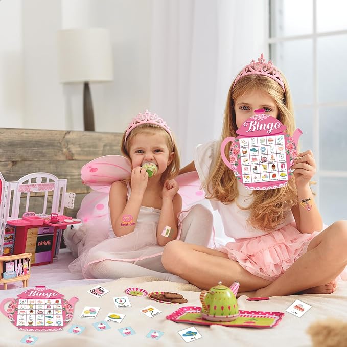 39Pcs Tea Party Bingo Game for Adults 24 Players Floral Teapot Shape Bingo Cards with Reward Stickers for Family Friend Student Large Group Activities Garden Bridal Wedding Holiday Party Favors