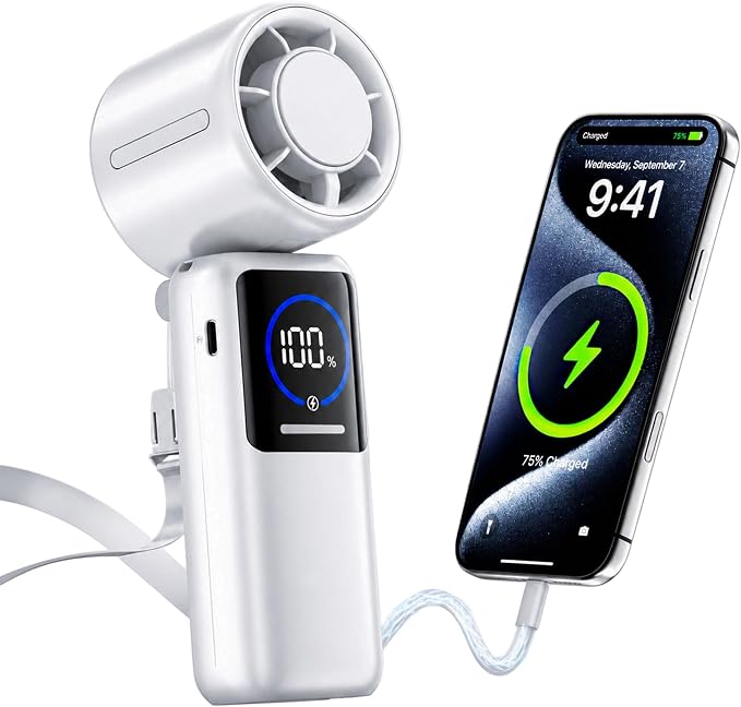 Turbo Portable Handheld Fan, 15000mAh Rechargeable Personal Fan for Travel | 15m/s Foldable Neck Fan with 100 Speeds, Up to 50H Runtime, Built-in USB-C Output and Display for Concerts and Outdoors