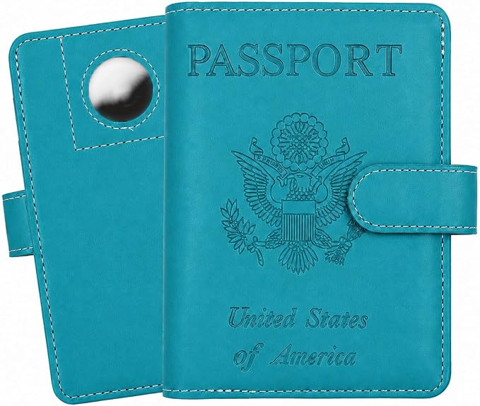 Passport Holder with Air-Tag Slot RFID Blocking Leather Travel Wallet | Multiple Card Compartments, SIM Card Access, Compact Carry Design, Flight Ready Essentials for Men & Women, Blue