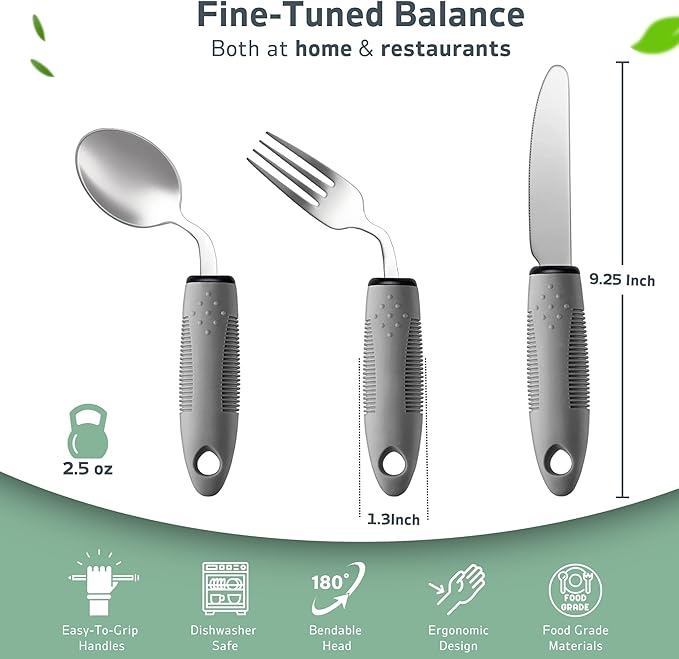 3-Piece Adaptive Utensils Set - 42° Angled Parkinsons Utensils, 2.5 oz Weighted Utensils for Tremors and Parkinsons Patients, Easy Grip Weighted Silverware for Hand Tremors (Right-Handed)