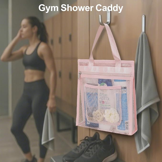 Small Mesh Shower Caddy Portable - Zipper Gym Shower Bag for Travel, Pink | 3 Pockets, Quick-Dry Mesh, S-Hook, Hanging Shower Caddy for Toiletry Essentials, Bathroom & Camping