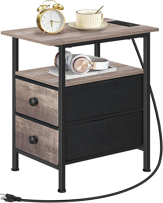 HOOBRO End Table with Charging Station, Narrow Side Table, Nightstand with 2 Non-Woven Drawers, Slim Sofa Side Table, for Small Spaces, Living Room, Bedroom, Greige and Black BG486UBZ01