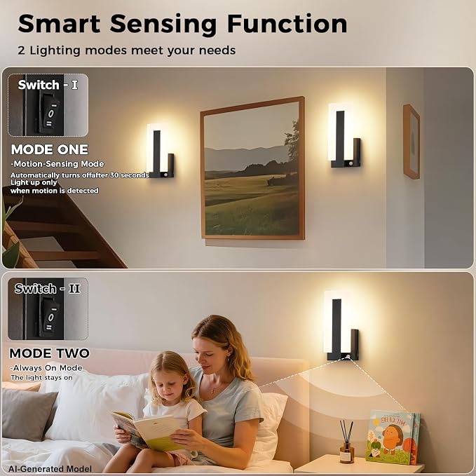 Joosenhouse Wall Sconces Set of Two Hardwired, Motion Sensor Wall Lights for Bedroom Living Room Hallway, TRIAC Dimmable 3000K Warm White, Modern Black Metal Acrylic Wall Lamp Fixtures
