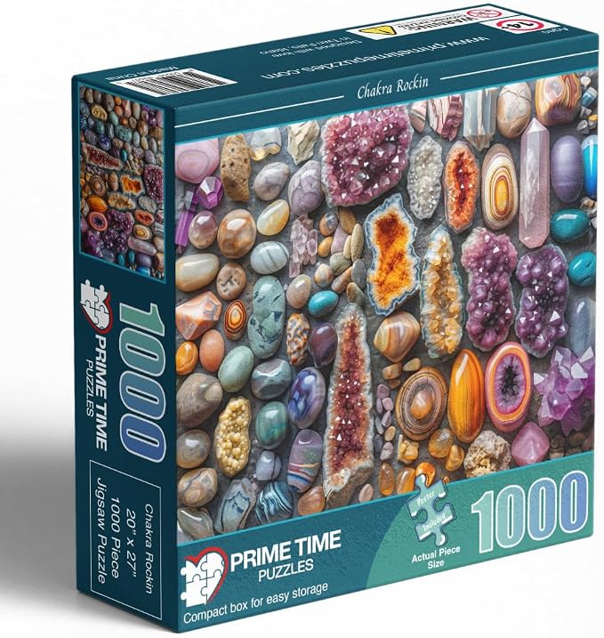 Adult Jigsaw Puzzle 1000 Piece Healing Stones | Features colorful crystals and chakra healing stones. Challenging. Great for game nights on a table, puzzleboard, or floor.