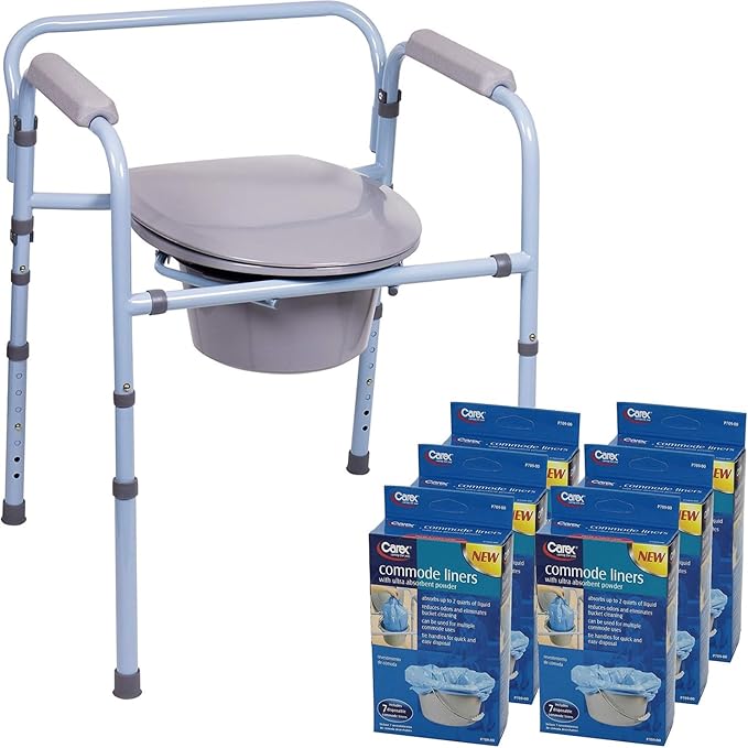 Carex 3-in-1 Folding Bedside Commode with 42 Pack Commode Liners - Porta Potty for Adults - Portable Toilet Supports Up to 300lbs, Bedside Commodes for Seniors and Commode Chair