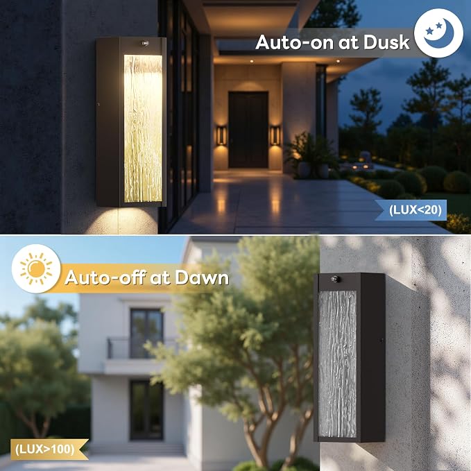 2 Pack LED Outdoor Wall Light 15in Dusk to Dawn Bronze Porch Light | Oil-Rubbed Exterior Lantern, Modern Water Rippleed Sconces, Waterproof Lighting Fixtures, Outside Lamp for Front Door