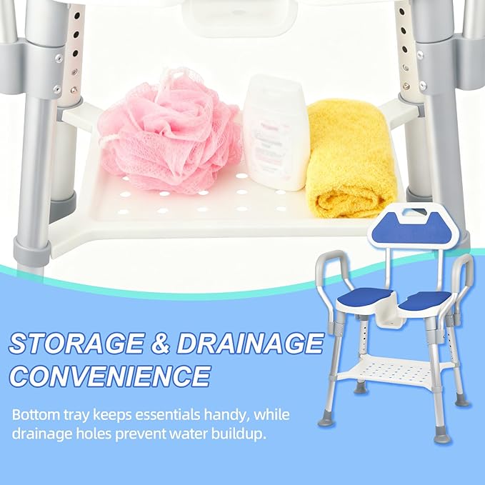 Shower Chair for Inside Shower, U-Shaped Heavy Duty Shower Chair for Elderly and Disabled, Bottom Storage Tray, 350Lbs Shower Stool with Arms and Back, Height Adjustable Seat for Bathtub