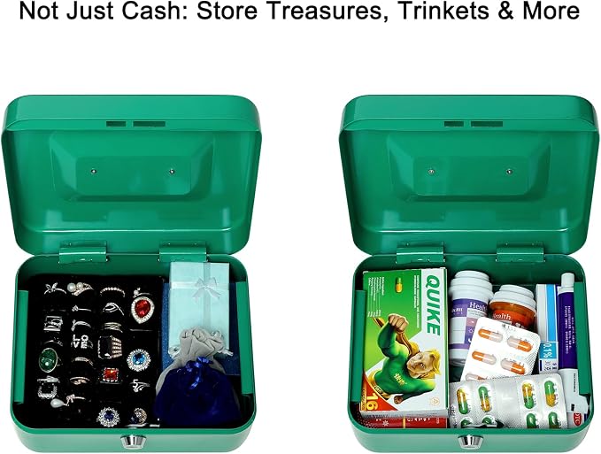Jssmst Medium Cash Box with Key Lock - Durable Metal Cash Box with Money Tray, Green, Medium
