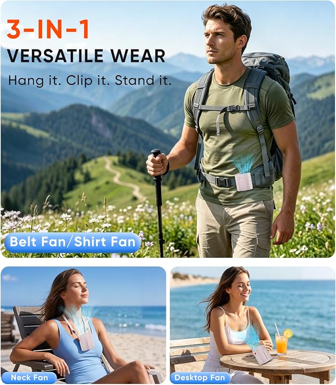 AI Portable Waist Fan, 6-Speed 15,000RPM Strong Turbo Airflow, 30H Cooling Battery Powered Personal Fan Rechargeable, Wearable Hands-Free Shirt/Belt/Body Fan for Travel, Work, Outdoor Off-White