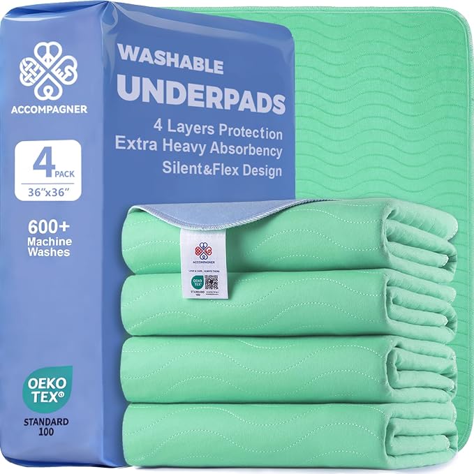 Accompagner Incontinence Bed Pads Washable Waterproof, Ultra-Absorbent Reusable Underpads for Diaper Changing, Nursing, Bedridden, Adults, Seniors, Kids and Dogs (Green, 36"x36"(Pack of 4))