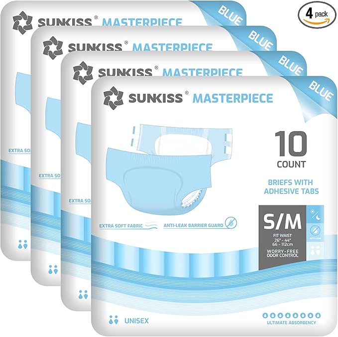 SUNKISS Masterpiece Adult Diapers with Tabs, Unisex Disposable Incontinence Briefs for Women and Men, Odor Control, Blue, S/M, 40 Count (4 Packs of 10)