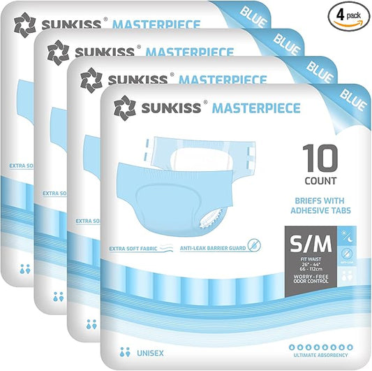 SUNKISS Masterpiece Adult Diapers with Tabs, Unisex Disposable Incontinence Briefs for Women and Men, Odor Control, Blue, S/M, 40 Count (4 Packs of 10)
