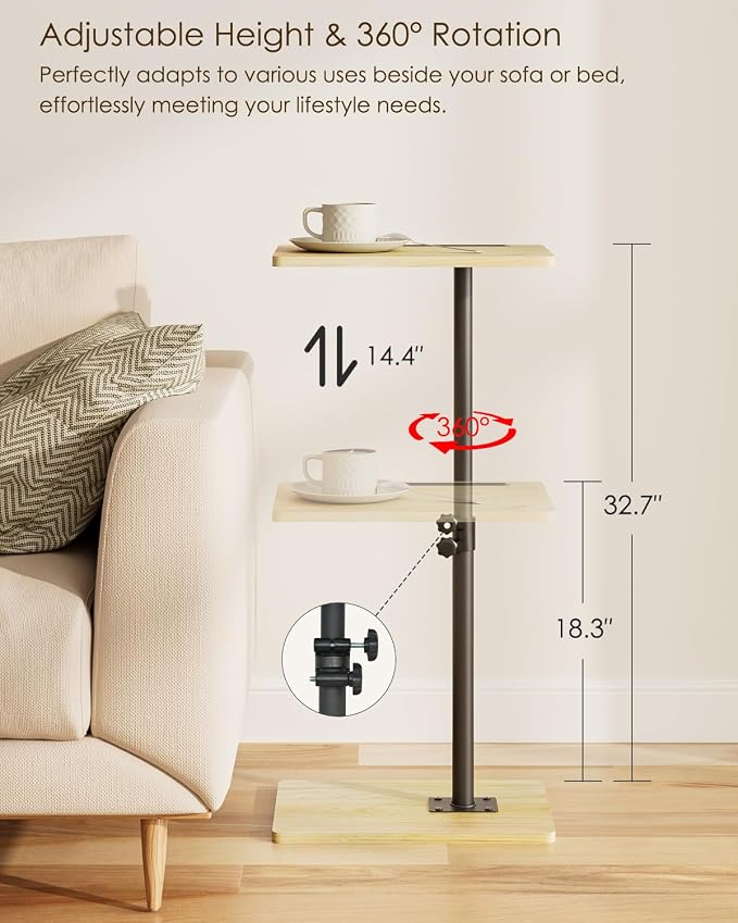 Masupu Sofa Arm Tray Table - 360° Swivel Height Adjustable End Table, Small Snack Side Table for Couch, C Shaped Table for Bed, Chair or TV Tray Table(Natural)