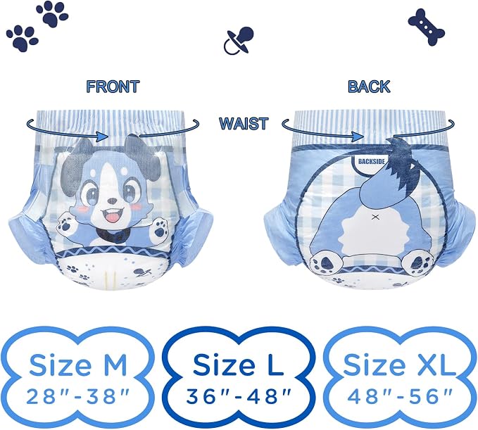 Littleforbig Adjustable Hook-and-Loop Fastener Closure Adult Printed Cloth Back Diaper 2 Pieces - Little Blue BabyFur (Medium 28"-38")