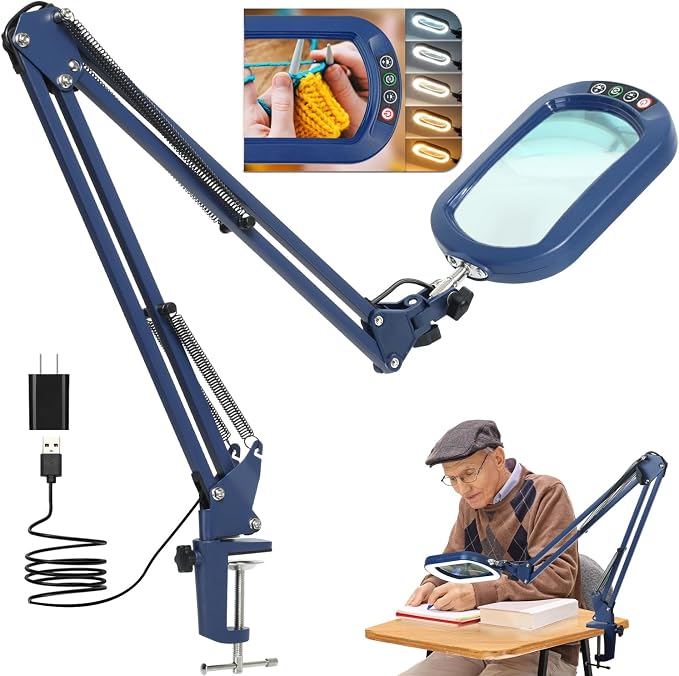14.35" Large Magnifying Glass with Light and Clamp, Real Glass, 5 Color Modes, Stepless Dimmable, Lighted Magnifier with Stand Hands Free, LED Swing Arm Desk Lamp for Close Work, Craft, Blue