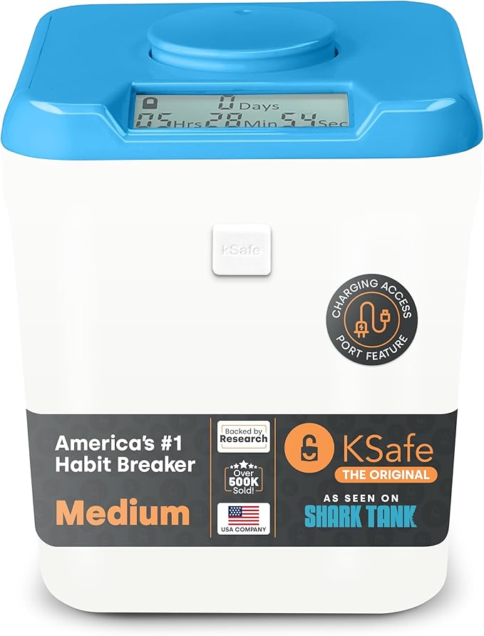 Kitchen Safe Time Locking Container (Medium), Timed Lock Box for Cell Phones, Snacks, and other unwanted temptations (Blue Lid + 5.5” White Base with Access Port)