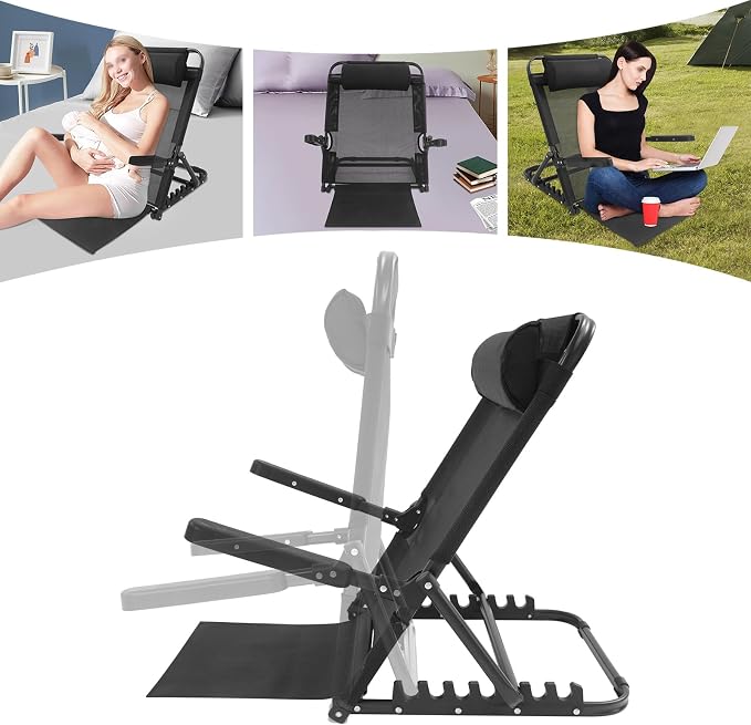 Adjustable Lifting Bed Backrest with Armrests 8-Position Adjustable, 330LBS Load Bed Back Support Chair for Reading Sleeping Watching TV, Portable Folding Floor for Elderly or Patients (Black)