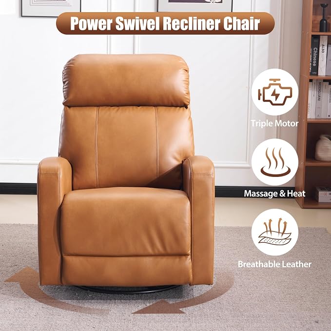Breathable Air Leather Power Swivel Rocker Recliner, 2-Zone Electric Adjustment (Headrest Independent, Back & Footrest Linked), 270° Swivel, 8-Mode Massage & Heat, USB/Type-C, Side Pocket