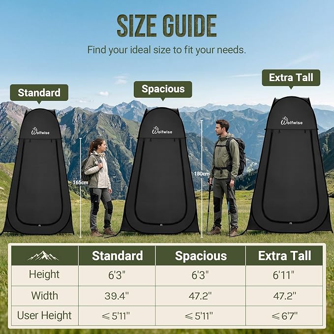 WolfWise Pop Up Shower Tent for Camping Essentials, Compact & Lightweight | Portable Instant Changing Tent with Window & Carry Bag, Privacy Dressing Room Bathroom for Outdoor, 6'3"/6'11" H