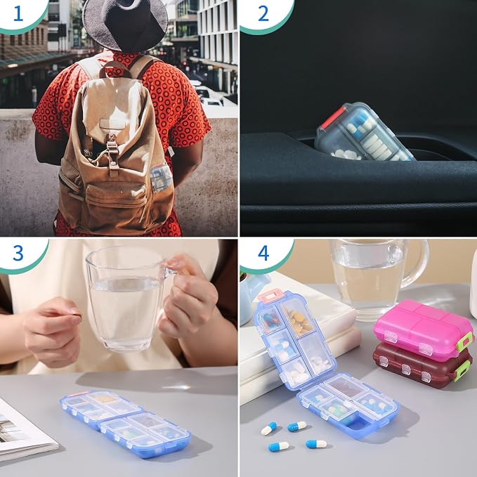 1Pack Travel Pill Organizer - 10 Compartments Pill Case, Compact and Portable Pill Box, Perfect for On-The-Go Storage, Pill Holder for Purse (Blue with 156 Stickers)