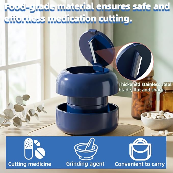 Pill Cutter Splitter for Small and Tiny Pills, 2-in-1 Mini Pill Crusher Grinder, Precise Cutting for Pills Vitamins, Portable for Travel & Pet (Blue)