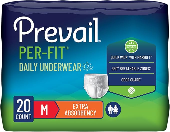 Prevail Per-Fit Daily Protective Underwear, Unisex Adult Disposable Adult Diaper for Men & Women, Extra Absorbency, Medium, 20 Count Bag