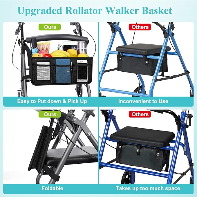 Dotday Rollator Basket, Rollator Walker Bag with Cup Holder | Folding Rollator Walker Storage Bag, Easy to Use Rollator Accessories for Seniors, Big Capacity & Never Tipping Over