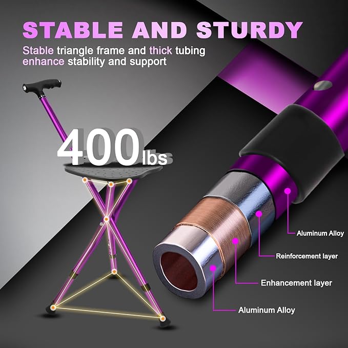 BigAlex Alloy Folding Cane with Seat, Lightweight Adjustable Walking Cane with Seat, Cane Seat with LED for Seniors, Cane Chair for Woman/Man,Anti-Slip Walking Stick for Seniors