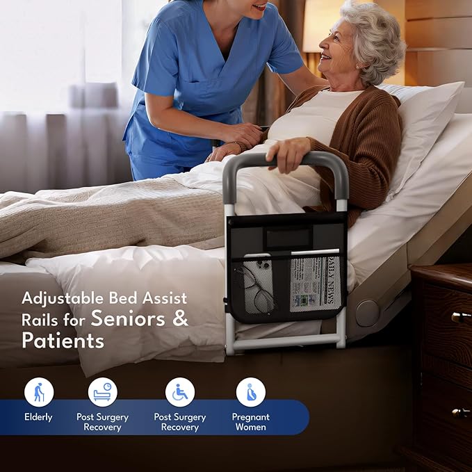 HOMEAL Bed Rails for Elderly Adults Safety - Adjustable Bedside Assist Rails for Seniors, Portable Bed Cane with Non-Slip Handle, Motion Light & Fixing Strap, Fit Standard & Adjustable Bed(Grey)