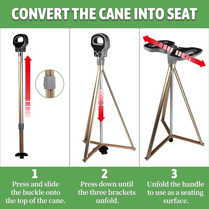 ALEVMOOM Walking Cane with Seat Folding Lightweight, 2-in-1 Cane Stool for Adults, Aluminum Walking Stick with Seat, Stick Chair Portable Stool for Senior