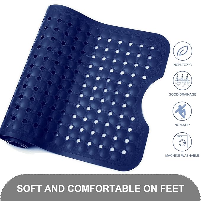 Bath Tub and Shower Mats, Non Slip 40 x 16 Inch Extra Large Bathtub Mat, Machine Washable Bathmat with Drain Holes, Suction Cups for Bathroom Floor, Navy Blue