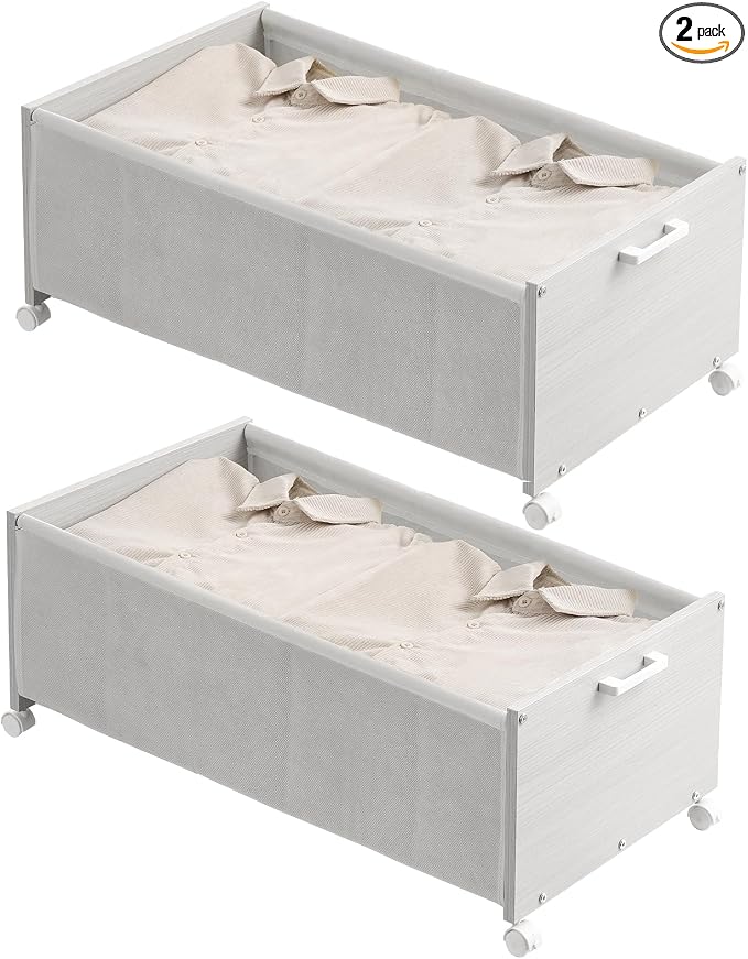 FOUCSSOMEI Under Bed Storage with Wheels, Wooden Under Bed Drawers On Wheels, Rolling Under Bed Shoe Storage, Space Saving,White,Quadruple Size,90L
