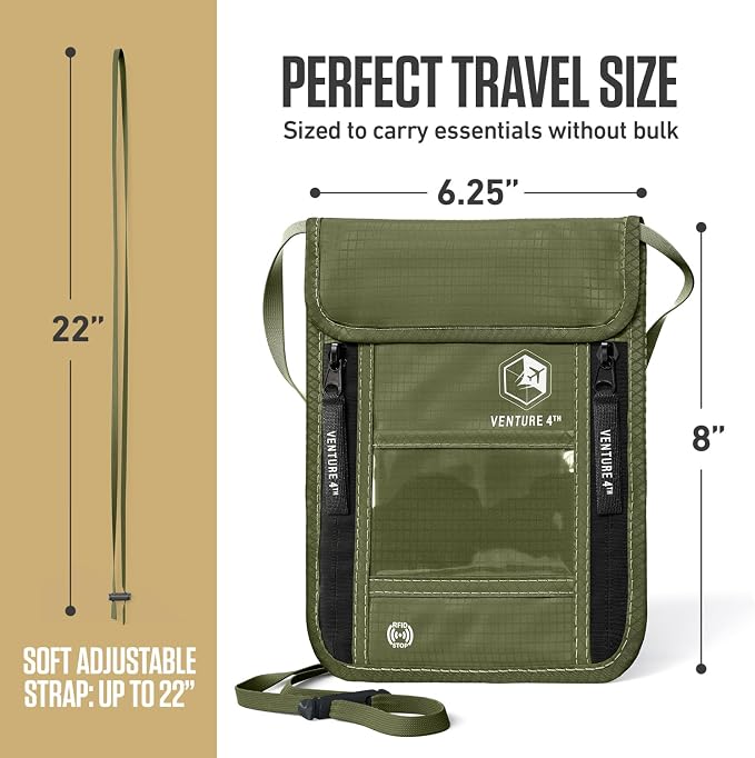 VENTURE 4TH Travel Neck Wallet, RFID Blocking Passport Holder - Green
